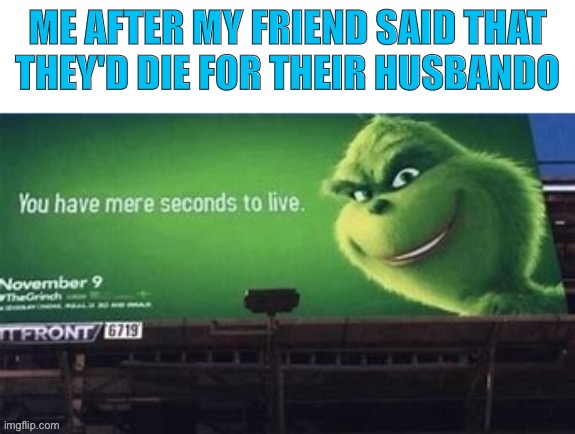 He likes 2D from gorillaz lol | ME AFTER MY FRIEND SAID THAT THEY'D DIE FOR THEIR HUSBANDO | image tagged in the grinch,death,husbando | made w/ Imgflip meme maker