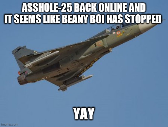 asshole-25 | ASSHOLE-25 BACK ONLINE AND IT SEEMS LIKE BEANY BOI HAS STOPPED; YAY | image tagged in asshole-25 | made w/ Imgflip meme maker