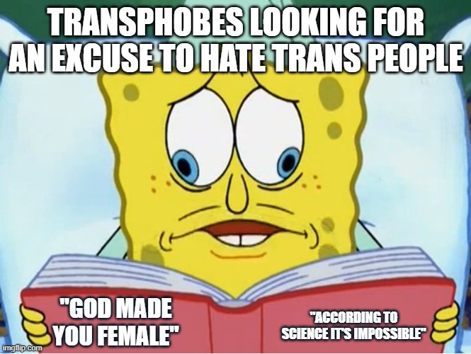 Transphobes looking for an excuse to hate trans people | TRANSPHOBES LOOKING FOR AN EXCUSE TO HATE TRANS PEOPLE; "GOD MADE YOU FEMALE"; "ACCORDING TO SCIENCE IT'S IMPOSSIBLE" | image tagged in spongebob book | made w/ Imgflip meme maker