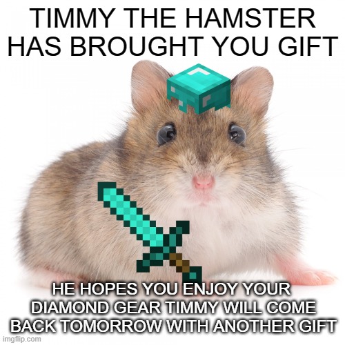 minecraft | TIMMY THE HAMSTER HAS BROUGHT YOU GIFT; HE HOPES YOU ENJOY YOUR  DIAMOND GEAR TIMMY WILL COME BACK TOMORROW WITH ANOTHER GIFT | image tagged in timmy the hamster | made w/ Imgflip meme maker