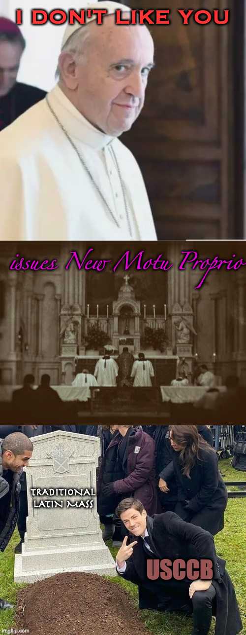 The New Motu | I DON'T LIKE YOU; issues New Motu Proprio; TRADITIONAL LATIN MASS; USCCB | image tagged in pope francis,peace sign tombstone | made w/ Imgflip meme maker