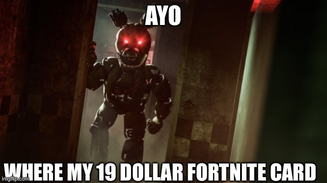 springtrap wants his 19dfc (i forgot to make this logged in) | AYO; WHERE MY 19 DOLLAR FORTNITE CARD | image tagged in memes | made w/ Imgflip meme maker