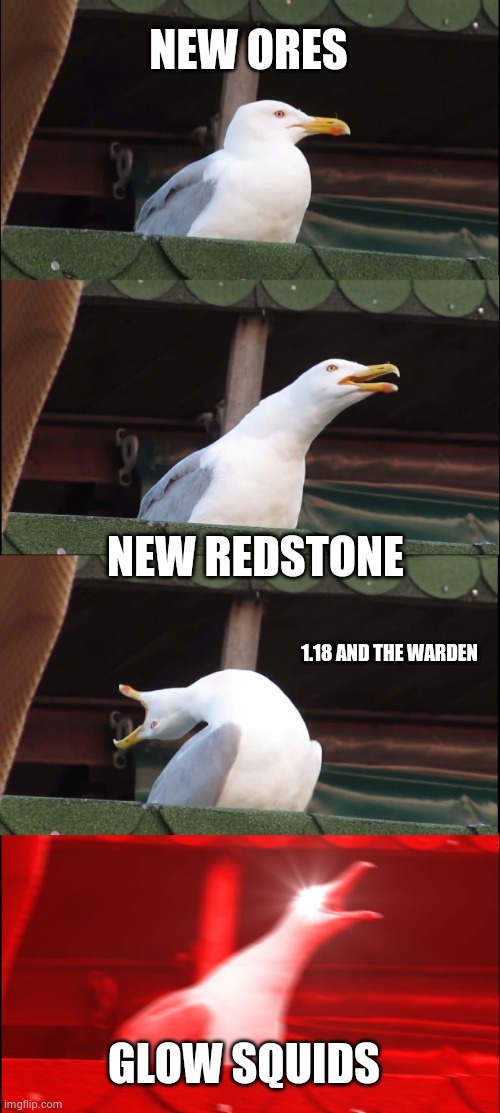 minecraft | NEW ORES; NEW REDSTONE; 1.18 AND THE WARDEN; GLOW SQUIDS | image tagged in memes,inhaling seagull | made w/ Imgflip meme maker