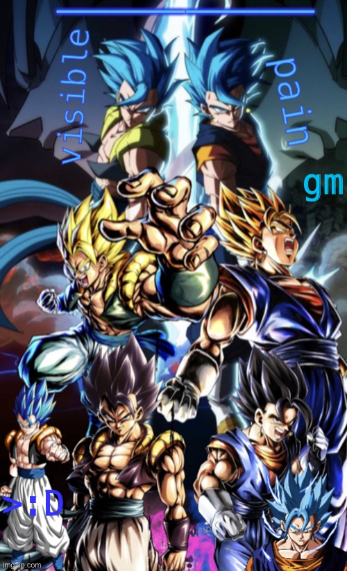 Gogeta/Vegito template | gm; >:D | image tagged in gogeta/vegito template | made w/ Imgflip meme maker