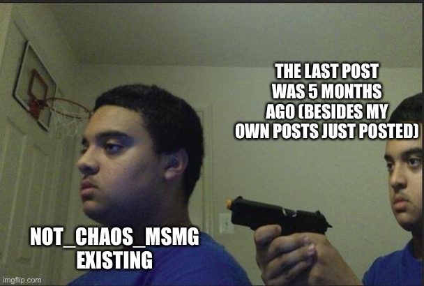 guy shooting himself | THE LAST POST WAS 5 MONTHS AGO (BESIDES MY OWN POSTS JUST POSTED); NOT_CHAOS_MSMG EXISTING | image tagged in guy shooting himself | made w/ Imgflip meme maker