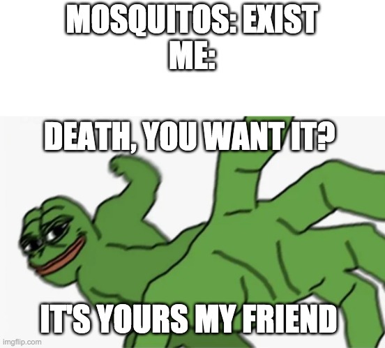 pepe punch | MOSQUITOS: EXIST
ME:; DEATH, YOU WANT IT? IT'S YOURS MY FRIEND | image tagged in pepe punch | made w/ Imgflip meme maker