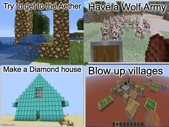 Things that every minecrafter must have done at least once: | Try to get to the Aether; Have a Wolf Army; Make a Diamond house; Blow up villages | made w/ Imgflip meme maker