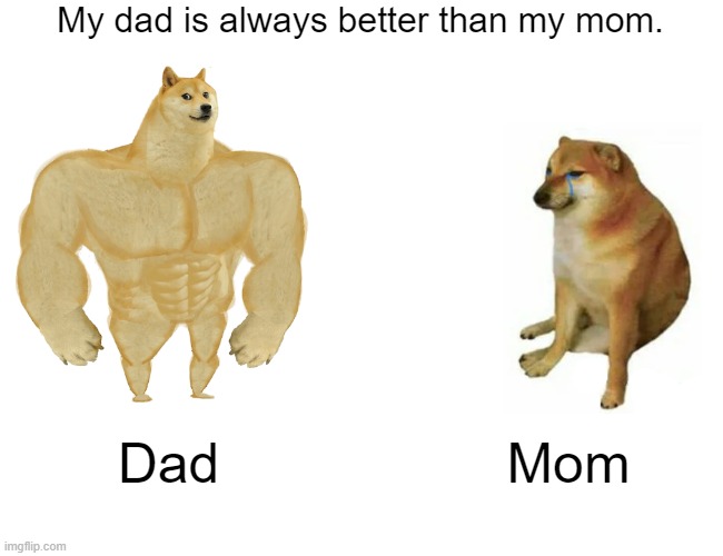 Fake Mobile Game Ads be like: | My dad is always better than my mom. Dad; Mom | image tagged in memes,buff doge vs cheems | made w/ Imgflip meme maker