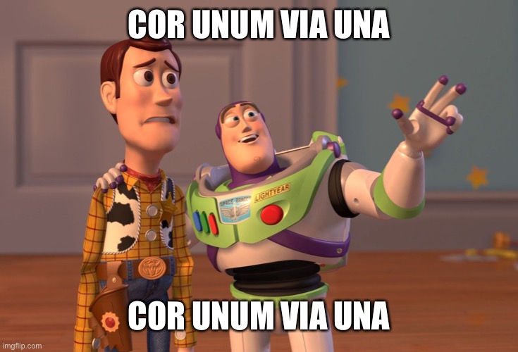 school telling us to be cor unum via una | COR UNUM VIA UNA; COR UNUM VIA UNA | image tagged in memes,x x everywhere | made w/ Imgflip meme maker