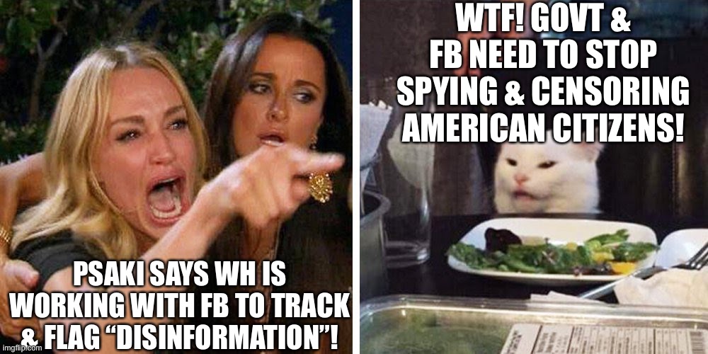 White House & Facebook Are Conspiring to Censor Information! | WTF! GOVT & FB NEED TO STOP SPYING & CENSORING AMERICAN CITIZENS! PSAKI SAYS WH IS WORKING WITH FB TO TRACK & FLAG “DISINFORMATION”! | image tagged in smudge the cat,facebook censorship,government spying on americans,government censorship,psaki,facebook government collusion | made w/ Imgflip meme maker
