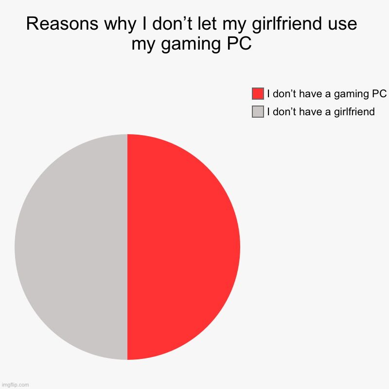 Depression | Reasons why I don’t let my girlfriend use my gaming PC | I don’t have a girlfriend , I don’t have a gaming PC | image tagged in charts,pie charts | made w/ Imgflip chart maker