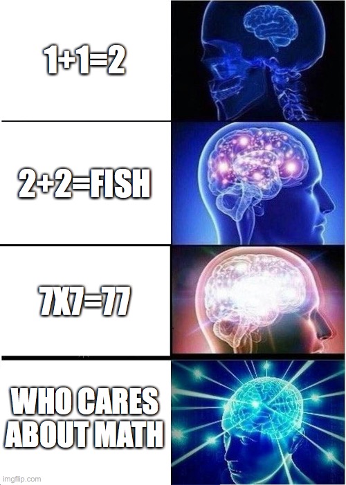 Expanding Brain Meme | 1+1=2; 2+2=FISH; 7X7=77; WHO CARES ABOUT MATH | image tagged in memes,expanding brain | made w/ Imgflip meme maker