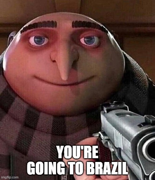 Gru with Gun | YOU'RE GOING TO BRAZIL | image tagged in gru with gun | made w/ Imgflip meme maker