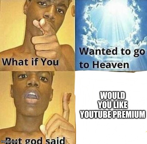 No | WOULD YOU LIKE YOUTUBE PREMIUM | image tagged in what if you wanted to go to heaven,youtube | made w/ Imgflip meme maker