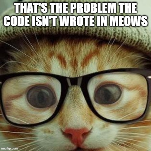 hipster coder cat | THAT'S THE PROBLEM THE CODE ISN'T WROTE IN MEOWS | image tagged in cats | made w/ Imgflip meme maker