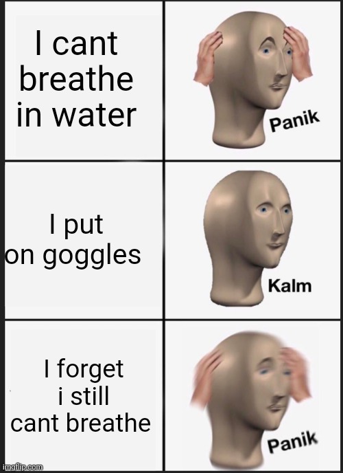 DOGE | I cant breathe in water; I put on goggles; I forget i still cant breathe | image tagged in memes,panik kalm panik | made w/ Imgflip meme maker