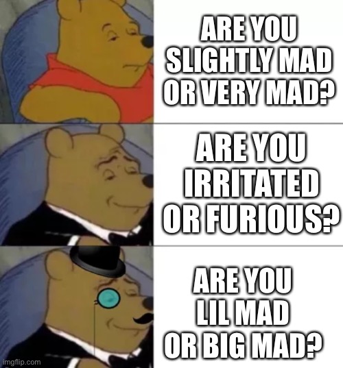 This Meme Should Make You Big Glad | ARE YOU SLIGHTLY MAD OR VERY MAD? ARE YOU IRRITATED OR FURIOUS? ARE YOU LIL MAD OR BIG MAD? | image tagged in fancy pooh,big mad,lil mad | made w/ Imgflip meme maker