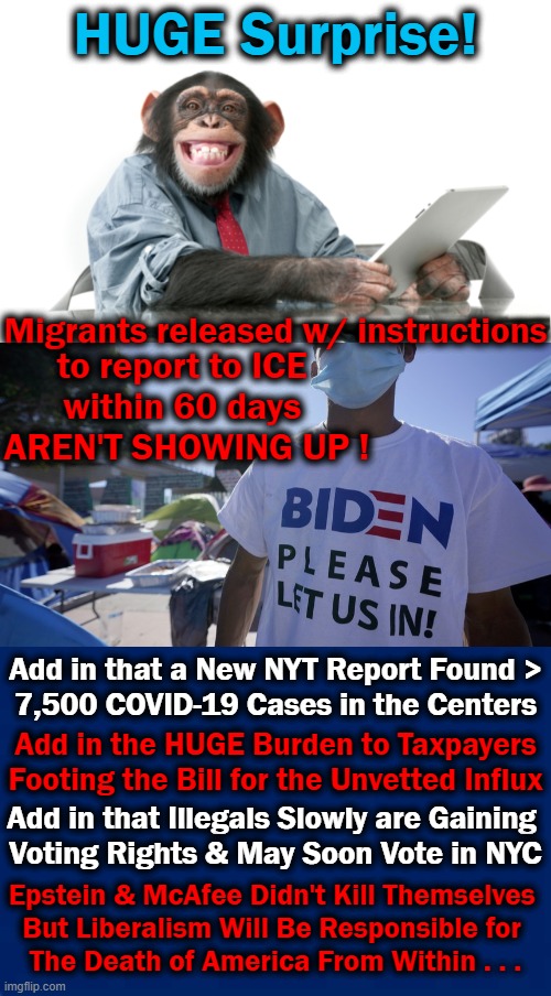What Could Go Wrong? | HUGE Surprise! Migrants released w/ instructions; to report to ICE 
within 60 days 
AREN'T SHOWING UP ! Add in that a New NYT Report Found >
7,500 COVID-19 Cases in the Centers; Add in the HUGE Burden to Taxpayers

Footing the Bill for the Unvetted Influx; Add in that Illegals Slowly are Gaining 
Voting Rights & May Soon Vote in NYC; Epstein & McAfee Didn't Kill Themselves 

But Liberalism Will Be Responsible for 
The Death of America From Within . . . | image tagged in politics,liberalism,democratic socialism,america,death,no borders | made w/ Imgflip meme maker