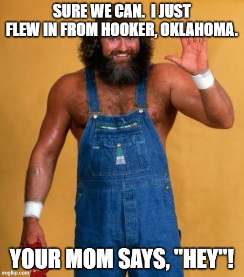 hillbilly hello | SURE WE CAN.  I JUST FLEW IN FROM HOOKER, OKLAHOMA. YOUR MOM SAYS, "HEY"! | image tagged in hillbilly hello | made w/ Imgflip meme maker