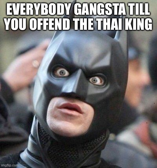 Warning: This is not meant to offend the Thai king. I am only joking. Spare me | EVERYBODY GANGSTA TILL YOU OFFEND THE THAI KING | image tagged in shocked batman | made w/ Imgflip meme maker