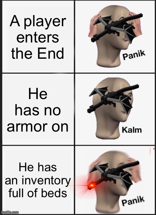 A player enters the end | A player enters the End; He has no armor on; He has an inventory full of beds | image tagged in memes,panik kalm panik,end dragon,minecraft | made w/ Imgflip meme maker