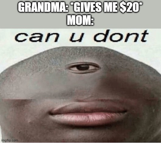 can u dont | GRANDMA: *GIVES ME $20*
MOM: | image tagged in can u dont | made w/ Imgflip meme maker