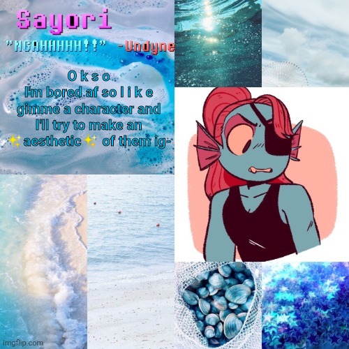 Undyne | O k s o
I'm bored af so l i k e gimme a character and I'll try to make an ✨aesthetic✨ of them ig- | image tagged in undyne | made w/ Imgflip meme maker