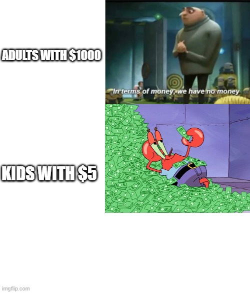  ADULTS WITH $1000; KIDS WITH $5 | image tagged in memes,blank transparent square,in terms of money,blank white template | made w/ Imgflip meme maker