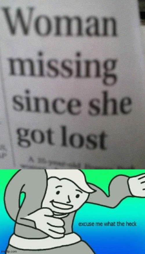 Woman missing since she got lost | image tagged in excuse me what the heck,woman,lost,newspaper | made w/ Imgflip meme maker