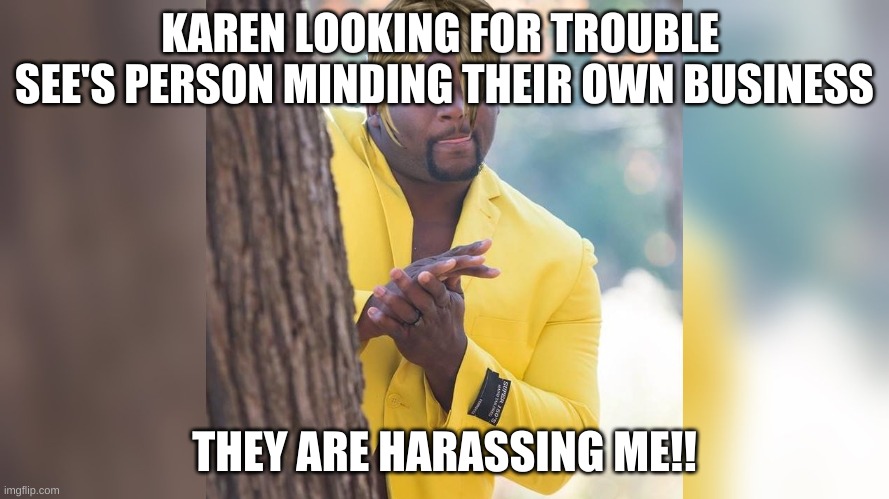 Ahah hand rubbing | KAREN LOOKING FOR TROUBLE 
SEE'S PERSON MINDING THEIR OWN BUSINESS; THEY ARE HARASSING ME!! | image tagged in ahah hand rubbing | made w/ Imgflip meme maker