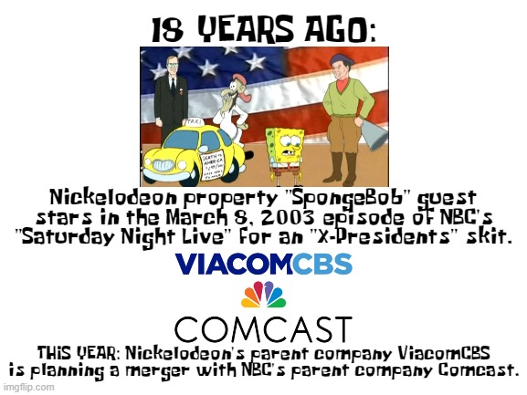 Man, how time flies! | 18 YEARS AGO:; Nickelodeon property "SpongeBob" guest stars in the March 8, 2003 episode of NBC's "Saturday Night Live" for an "X-Presidents" skit. THIS YEAR: Nickelodeon's parent company ViacomCBS is planning a merger with NBC's parent company Comcast. | image tagged in merger,viacomcbs,nbc,saturday night live,spongebob,comcast | made w/ Imgflip meme maker
