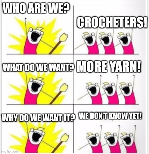 Crochet addicts | WHO ARE WE? CROCHETERS! WHAT DO WE WANT? MORE YARN! WE DON’T KNOW YET! WHY DO WE WANT IT? | image tagged in who are we better textboxes | made w/ Imgflip meme maker