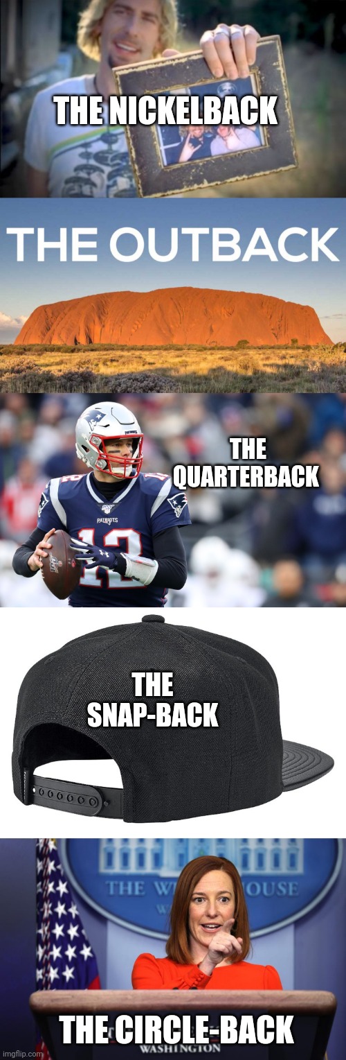 Back to basics here everyone | THE NICKELBACK; THE QUARTERBACK; THE SNAP-BACK; THE CIRCLE-BACK | image tagged in speaker,white house,mainstream media,meme review,democratic party | made w/ Imgflip meme maker