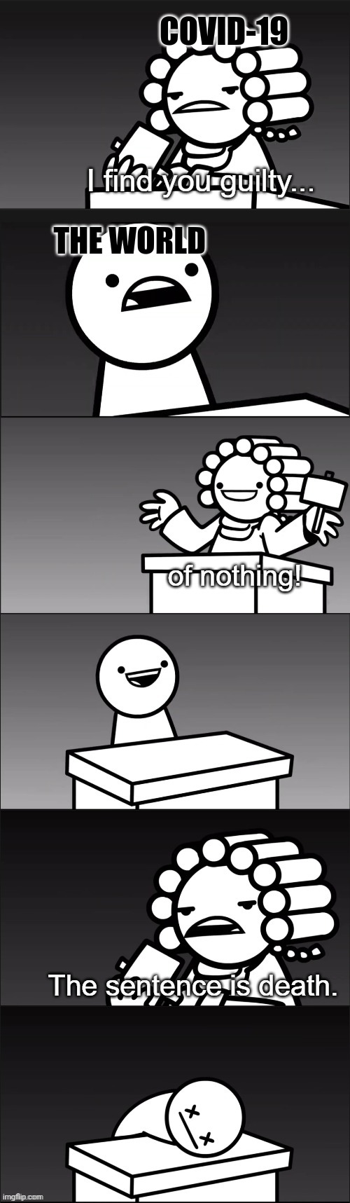 I am not wrong | COVID-19; THE WORLD | image tagged in asdfmovie i find you guilty | made w/ Imgflip meme maker