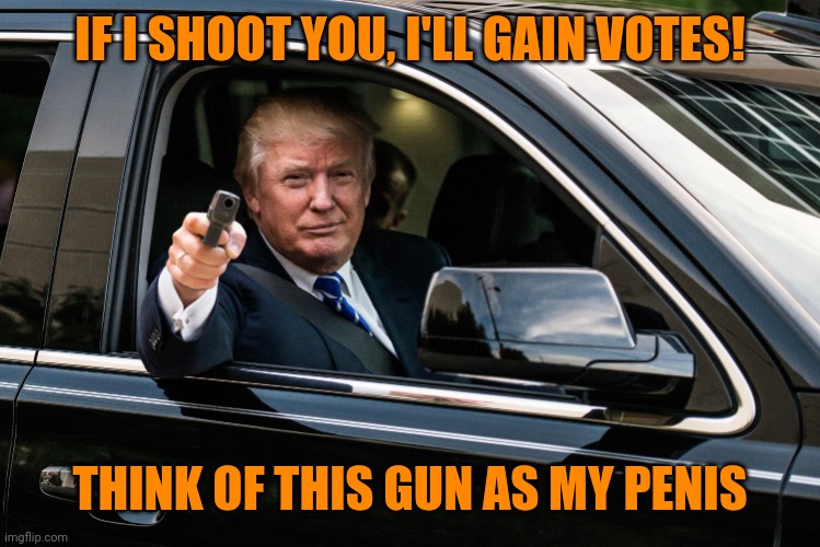 trump gun | IF I SHOOT YOU, I'LL GAIN VOTES! THINK OF THIS GUN AS MY PENIS | image tagged in trump gun | made w/ Imgflip meme maker