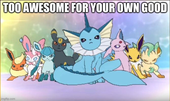 Pokemon sun moon eevee squad | TOO AWESOME FOR YOUR OWN GOOD | image tagged in pokemon sun moon eevee squad | made w/ Imgflip meme maker