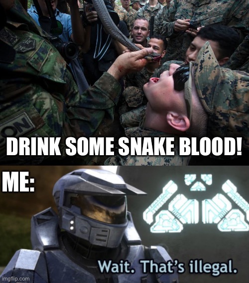 They should never drink snake blood! | DRINK SOME SNAKE BLOOD! ME: | image tagged in wait that s illegal,memes,snake,snake blood,military,partying | made w/ Imgflip meme maker