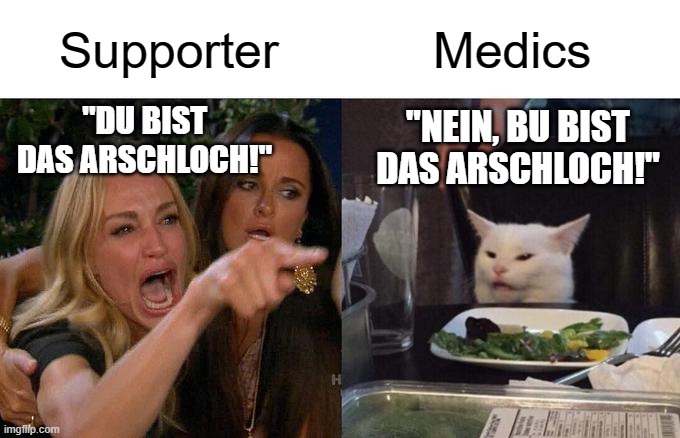 Woman Yelling At Cat Meme | Supporter; Medics; "DU BIST DAS ARSCHLOCH!"; "NEIN, BU BIST DAS ARSCHLOCH!" | image tagged in memes,woman yelling at cat | made w/ Imgflip meme maker