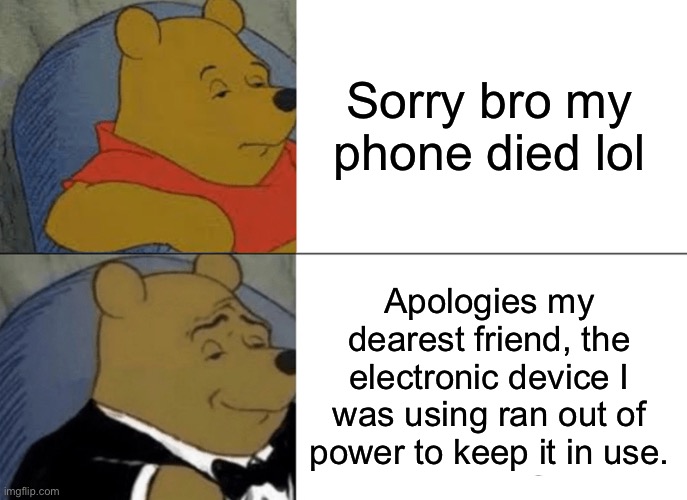 fancy words | Sorry bro my phone died lol; Apologies my dearest friend, the electronic device I was using ran out of power to keep it in use. | image tagged in memes,tuxedo winnie the pooh | made w/ Imgflip meme maker