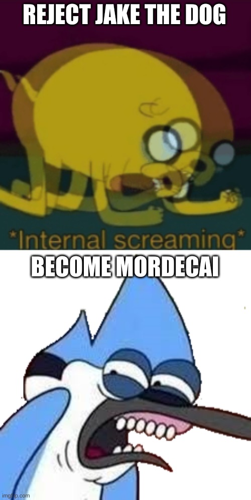 REJECT JAKE THE DOG BECOME MORDECAI | image tagged in jake the dog internal screaming,disgusted mordecai | made w/ Imgflip meme maker