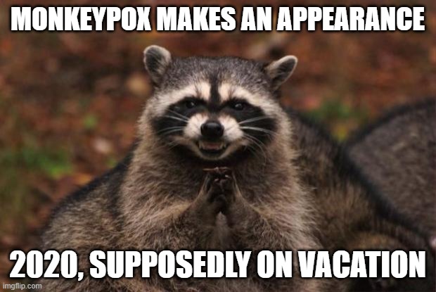 2020 is still plotting | MONKEYPOX MAKES AN APPEARANCE; 2020, SUPPOSEDLY ON VACATION | image tagged in evil genius racoon,2020,monkeypox,pandemic,2021,covid19 | made w/ Imgflip meme maker