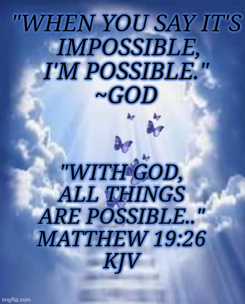 Butterfly |  "WHEN YOU SAY IT'S
 IMPOSSIBLE,
I'M POSSIBLE."

~GOD; "WITH GOD,
ALL THINGS
ARE POSSIBLE.."

MATTHEW 19:26
KJV | image tagged in butterfly | made w/ Imgflip meme maker