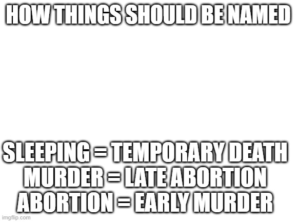 Blank White Template | SLEEPING = TEMPORARY DEATH
MURDER = LATE ABORTION
ABORTION = EARLY MURDER; HOW THINGS SHOULD BE NAMED | image tagged in blank white template | made w/ Imgflip meme maker
