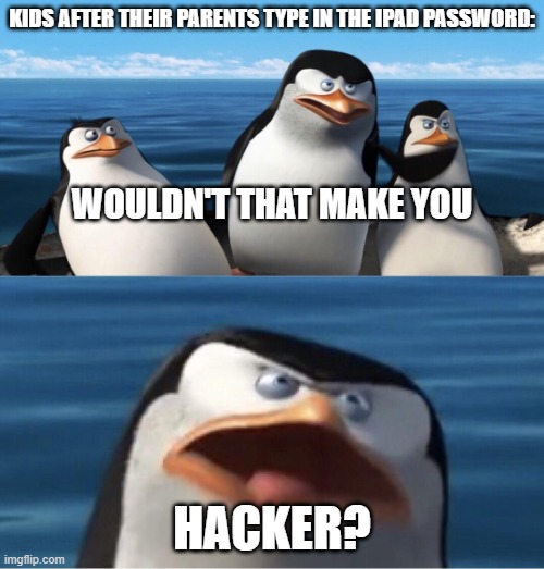 hacker | KIDS AFTER THEIR PARENTS TYPE IN THE IPAD PASSWORD:; WOULDN'T THAT MAKE YOU; HACKER? | image tagged in wouldn't that make you,hacker | made w/ Imgflip meme maker