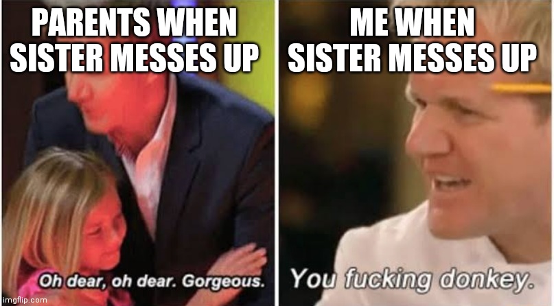 E | PARENTS WHEN SISTER MESSES UP; ME WHEN SISTER MESSES UP | image tagged in gordon ramsay kids vs adults | made w/ Imgflip meme maker