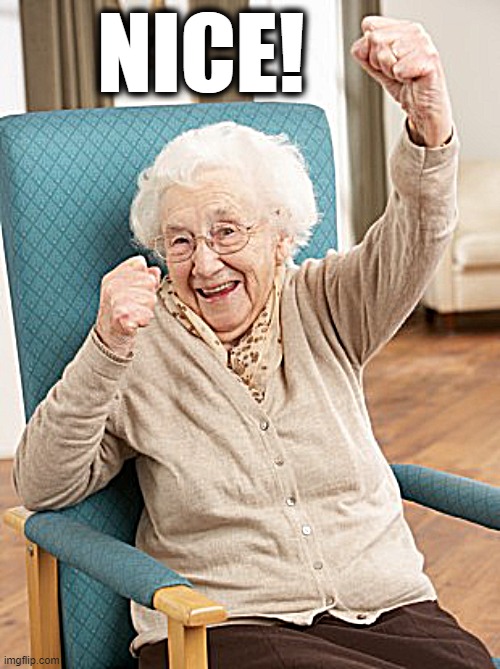 old woman cheering | NICE! | image tagged in old woman cheering | made w/ Imgflip meme maker