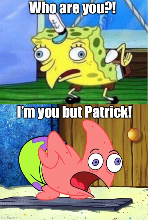 Who are you?! I’m you but Patrick! | image tagged in memes,mocking spongebob,mocking patrick | made w/ Imgflip meme maker