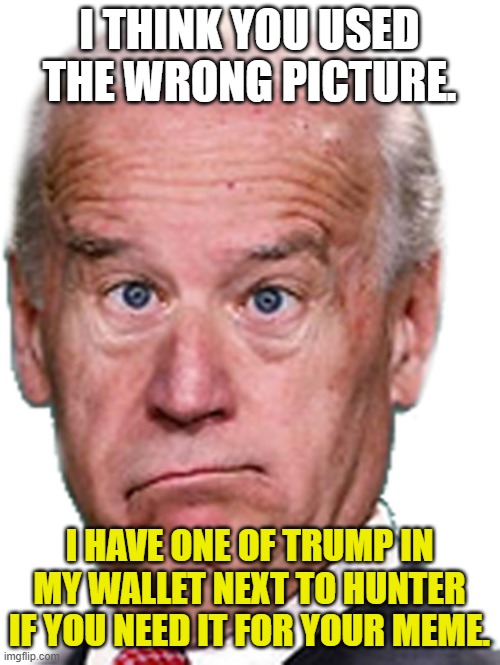 JoKe Biden - Confused President Pudd'in Head | I THINK YOU USED THE WRONG PICTURE. I HAVE ONE OF TRUMP IN MY WALLET NEXT TO HUNTER IF YOU NEED IT FOR YOUR MEME. | image tagged in joke biden - confused president pudd'in head | made w/ Imgflip meme maker