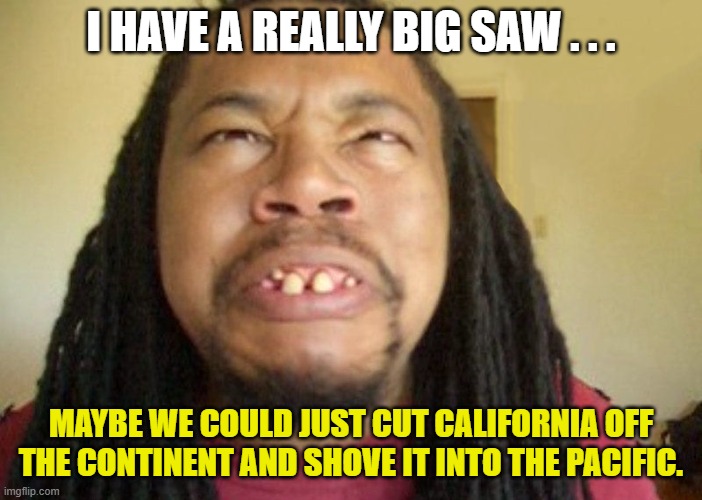 Ugly Confused Dude | I HAVE A REALLY BIG SAW . . . MAYBE WE COULD JUST CUT CALIFORNIA OFF THE CONTINENT AND SHOVE IT INTO THE PACIFIC. | image tagged in ugly confused dude | made w/ Imgflip meme maker