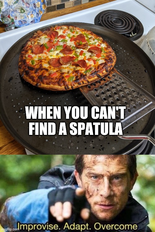 Yes that's a cheese grater | WHEN YOU CAN'T FIND A SPATULA | image tagged in improvise adapt overcome,barney will eat all of your delectable biscuits,oh wow are you actually reading these tags | made w/ Imgflip meme maker